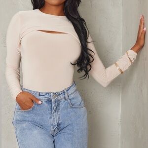 PrettyLittleThing Stone Slinky Cut Out Front Long Sleeve Bodysuit